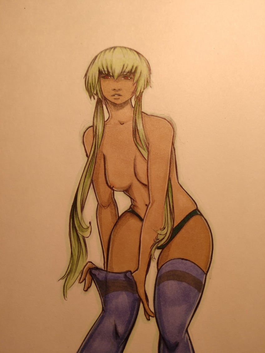 1girls dark-skinned_female dark_skin emerald_sustrai green_hair leftitude nude nude_female paperskinned red_eyes rwby traditional_media_(artwork)