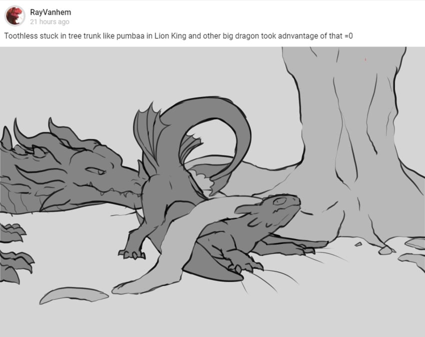 dragon dragonsponies dreamworks duo english_text feral hi_res how_to_train_your_dragon male monochrome night_fury questionable_consent raised_tail scalie simple_background size_difference smaller_male stuck text toothless western_dragon