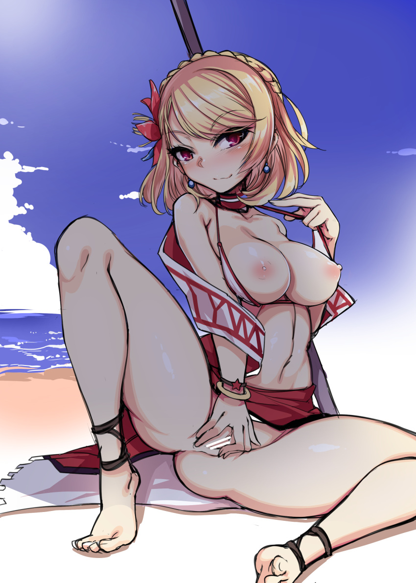 archway_of_venus azur_lane bangs barefoot beach_umbrella bikini bikini_top blonde_hair blue_earrings blush bracelet braid breasts breasts_out_of_clothes censor_bar censored choker clavicle cleavage closed_mouth clothing cloud cloudy_sky crown_braid day eyebrows_visible_through_hair feet female female flower french_braid gluteal_fold hair_flower hair_ornament harigane_shinshi high_resolution holding holding_umbrella jewelry looking_at_viewer medium_breasts navel nipples outdoors prince_of_wales_(azur_lane) prince_of_wales_(windsor_sun)_(azur_lane) red_eyes red_flower short_hair sitting sky smile swept_bangs swimsuit tied_hair umbrella vagina very_high_resolution white_bikini white_bikini_top white_swimsuit