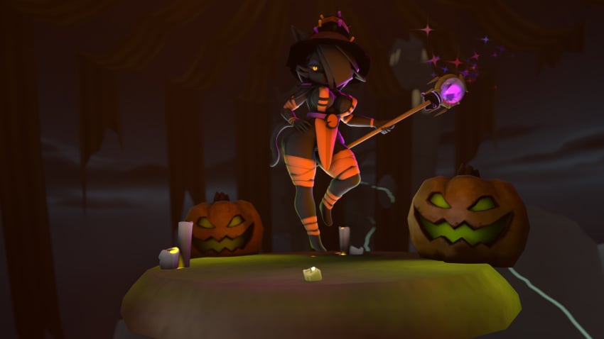 anthro black_cat cat_ears cat_girl cat_humanoid furry glowing_eyes halloween halloween_2022 halloween_costume in_heat in_heat_(game) jack-o&#039;-lantern magic monster_girl nile_(in_heat) pumpkin spell spider26 staff witch witch_hat