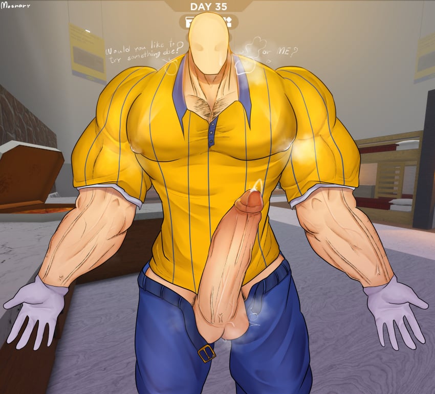 1boy 2022 balls belt big_penis dialogue english_text faceless faceless_character faceless_male game_ui gloves humanoid humanoid_penis ikea male male_focus male_only mosnary muscular muscular_male nipple_bulge nipples no_face pants penis penis_out precum roblox roblox_background roblox_game scp scp-3008 scp-3008-1 scp-3008-2 scp-3008_(game) scp_foundation shirt solo solo_focus solo_male striped striped_clothing striped_shirt stripes suggestive_dialogue text visible_breath yellow_shirt