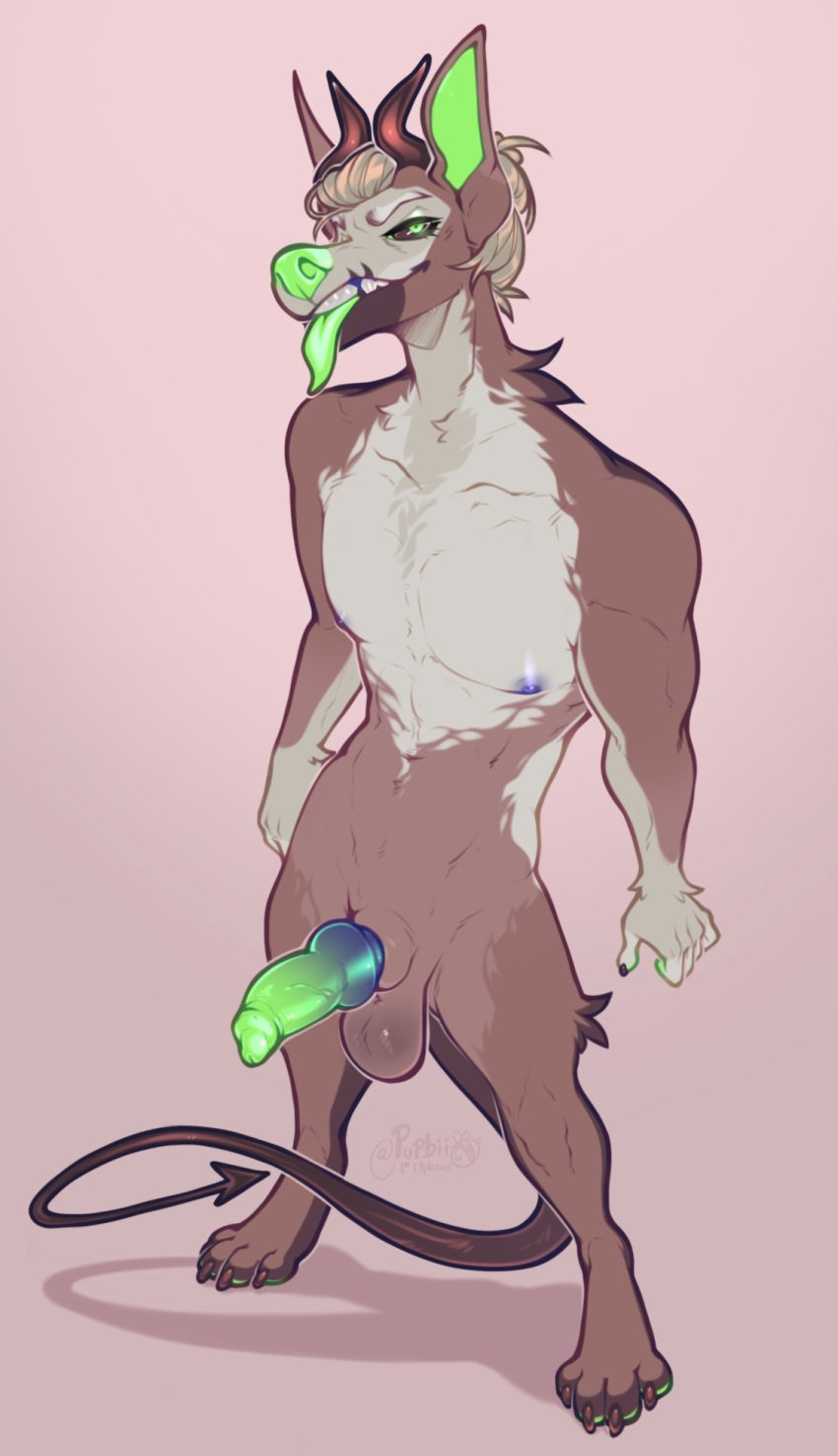 animal_genitalia animal_penis anthro balls black_sclera blue_nipples blue_penis brown_balls brown_body brown_fur brown_sheath canine_penis erection full-length_portrait fur genitals glistening glistening_eyes green_eyes green_inner_ear green_nose green_penis grey_body grey_fur hi_res high-angle_view male neck_tuft nipples nude penis portrait pupbii signature simple_background smile solo spade_tail standing teeth tongue tongue_out tuft white_body white_fur