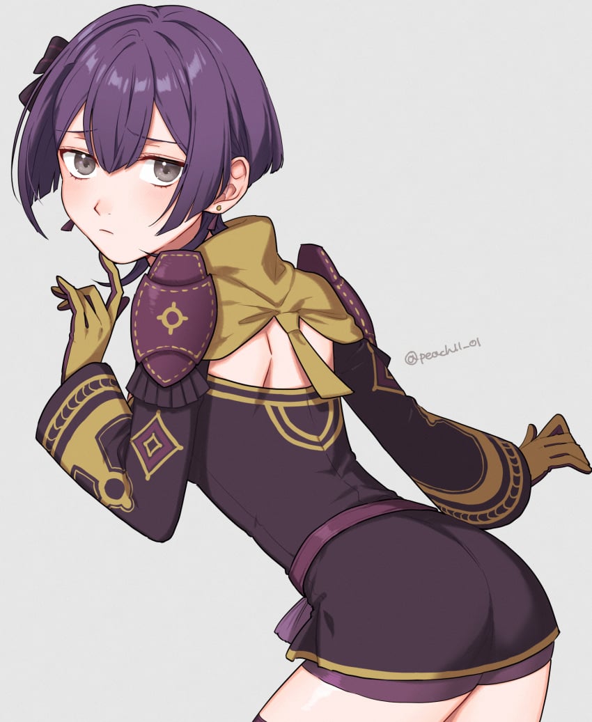 1girls ass bare_thighs bernadetta_von_varley big_ass bike_shorts dress ear_piercing female female_only fire_emblem fire_emblem:_three_houses gloves grey_background grey_eyes highres long_sleeves looking_at_viewer looking_back nintendo peach11_01 piercing post-timeskip purple_hair purple_shorts short_dress short_hair short_shorts shorts shoulder_blades simple_background solo thighs twitter_username very_short_hair yellow_gloves