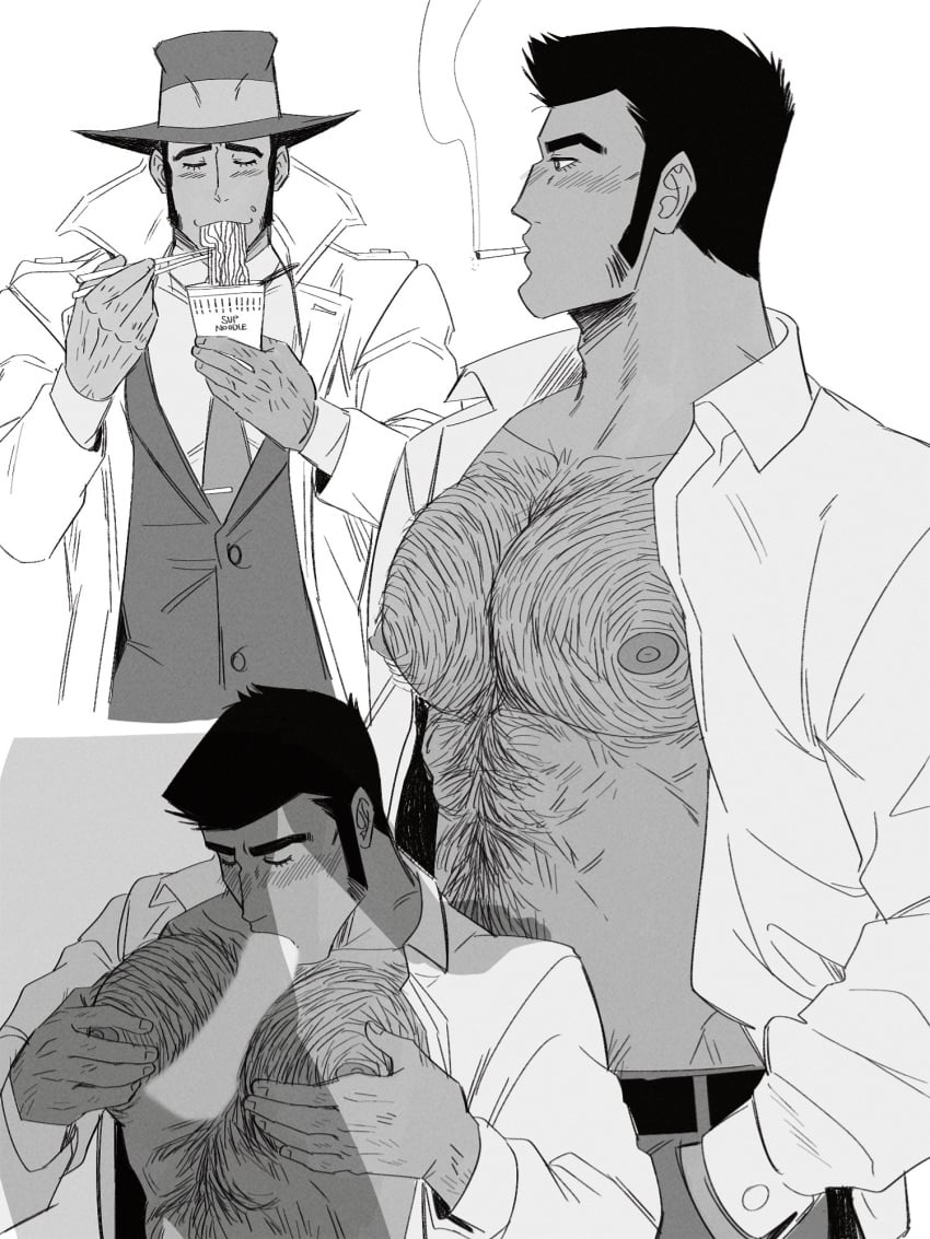 1boy 2022 abs bara belt between_pectorals black_hair blush cigarette coat collared_shirt cup_ramen eating fellatio food greyscale hairy highres jacket kon_likes_corn large_pectorals long_sideburns lupin_iii male_focus manga_action manly mature_male monochrome muscular muscular_male nipples noodles open_clothes open_jacket open_shirt oral pants pecjob pectorals ramen shirt short_hair sideburns simple_background smoke smoking tms_entertainment white_background yaoi zenigata_kouichi