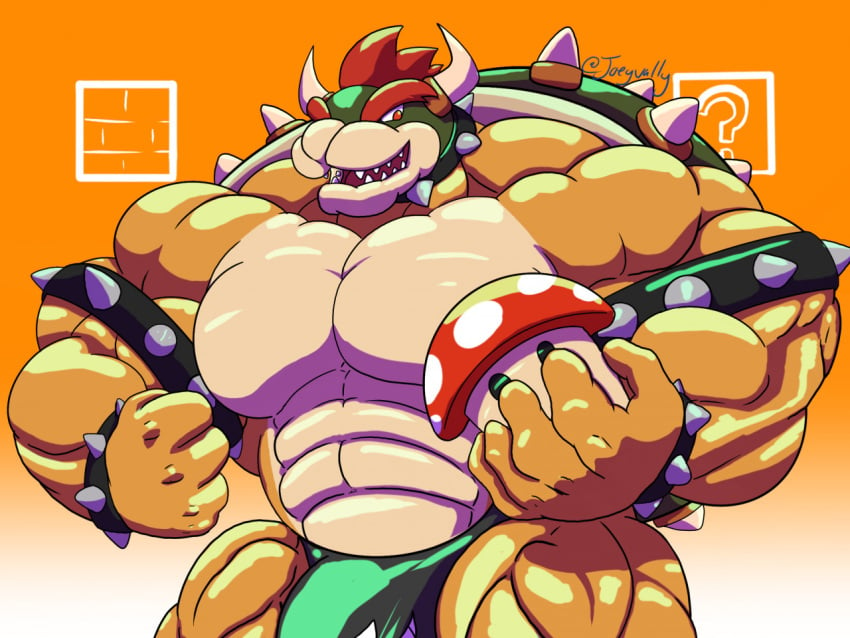 2022 abs anthro armband barazoku biceps big_bulge big_muscles big_pecs bowser bracelet bulge clothed clothing collar extreme_muscles eyebrows flexing fungus gradient_background hair holding_mushroom holding_object horn huge_bulge huge_muscles huge_pecs huge_thighs hyper hyper_muscles jewelry joeyvally koopa male male_only mario_(series) muscular muscular_anthro muscular_male mushroom navel nintendo obliques open_mouth open_smile orange_background pecs quads scalie shell simple_background smile solo spiked_armband spiked_bracelet spiked_collar spiked_shell spikes spikes_(anatomy) standing super_mario_bros. teeth text thick_thighs thong tongue topless topless_anthro topless_male underwear url video_games