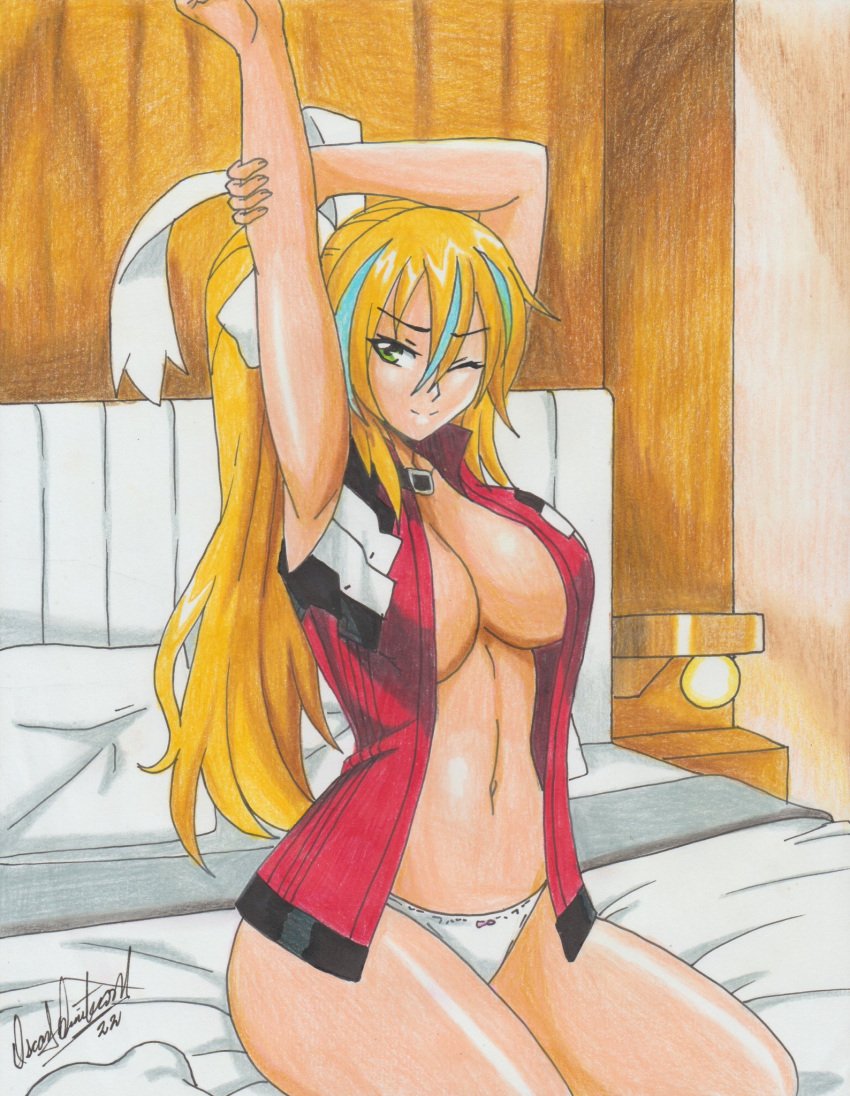 1girls 2022 big_breasts blaster_master blaster_master_zero blonde_hair breasts commission eve_(blaster_master_zero) green_eyes looking_at_viewer no_bra panties pencil_(artwork) ravern_clouk solo solo_female stretching tagme thick_thighs traditional_media_(artwork)