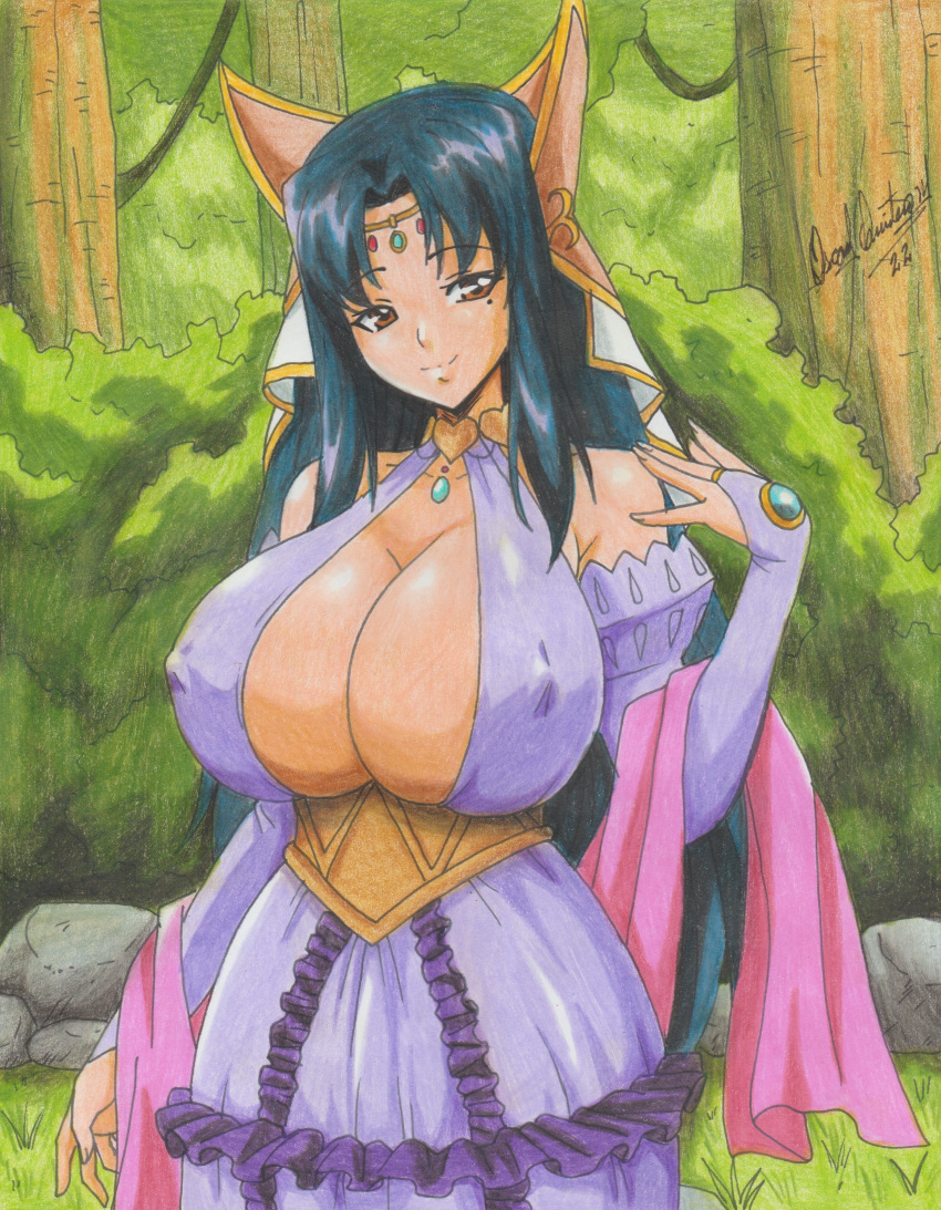 1girls 2022 big_breasts black_hair breasts cleavage drawn erect_nipples female female_only huge_breasts kyonyuu_fantasy light-skinned_female light_skin looking_at_viewer nipple_bulge pencil_(artwork) ravern_clouk roxanne_de_desir solo tagme