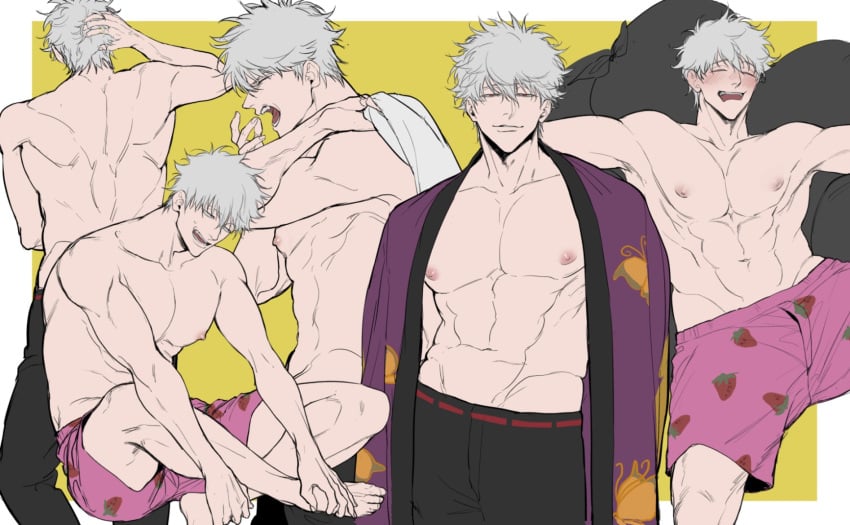 abs back_muscles big_pecs blush boxers drunk gintama gintoki_sakata kimono looking_at_viewer male male_only multiple_scenes multiple_views muscular muscular_male open_kimono passed_out pecs sleeping smile solo strawberry_print topless topless_male underwear wearing_others_clothes white_hair yawn