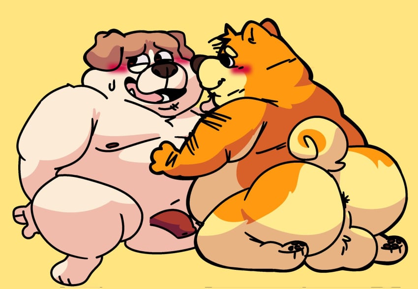 2022 anthro ass backsack balls belly big_belly blush brown_body canid canine canis dogs_in_space domestic_dog duo genitals hi_res loaf_(dogs_in_space) male male/male mammal moobs naughtyshiberin nipples overweight overweight_male