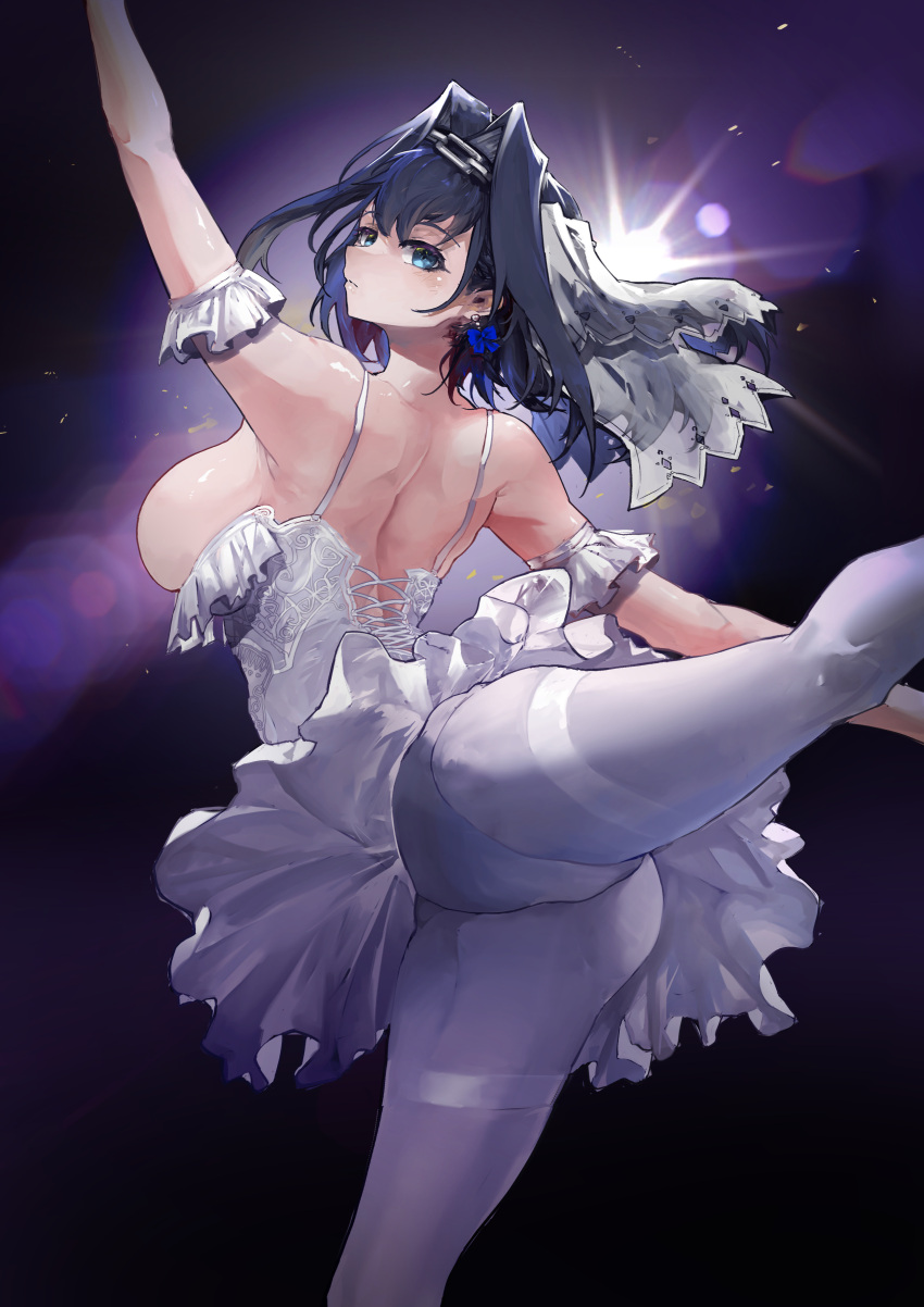 1girls arm_up ballerina female hololive hololive_english hololive_english_-council- hololive_english_-promise- looking_at_viewer one_leg_up ouro_kronii ribbon ribbon_earrings side_boob upskirt virtual_youtuber vyragami wardrobe_malfunction