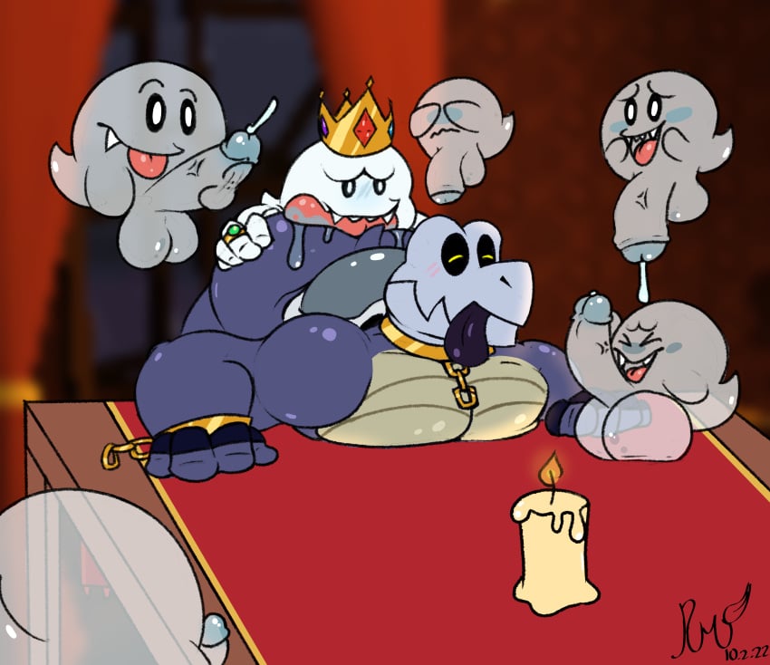 absurd_res anal anthro arched_back ass ass_up balls bara big_balls blush bodily_fluids boo_(mario) candle clothing collar crown cum cum_drip dripping dry_bones dry_himbones duo fingerless_gloves gay genital_fluids genitals ghost gloves group handwear hi_res jewelry king_boo luigi's_mansion male male/male male_only mario_(series) masturbation nintendo oral pecs precum raccoon_mints rimming saliva saliva_on_tongue sex spirit super_mario_bros. tongue tongue_out video_games wax