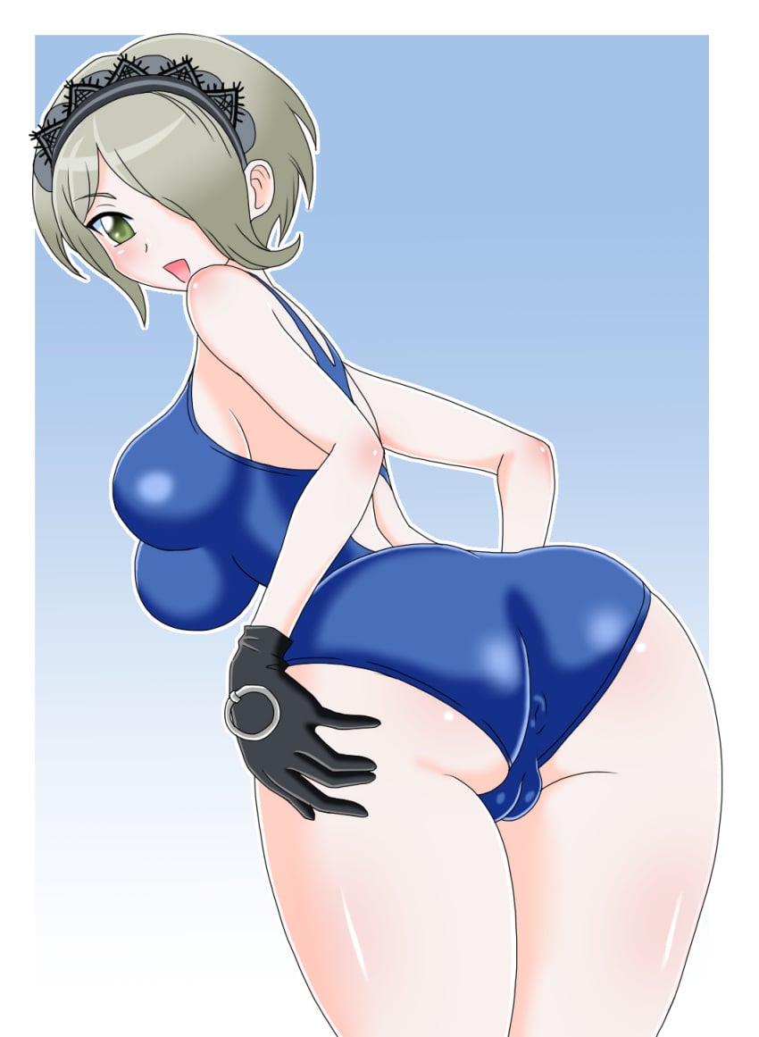 ass asshole behind_view bending_over breasts cameltoe danganronpa danganronpa_v3 female_only gloves large_breasts looking_back one-piece_swimsuit pussy sideboob smooth_skin swimsuit tai_miso toujou_kirumi