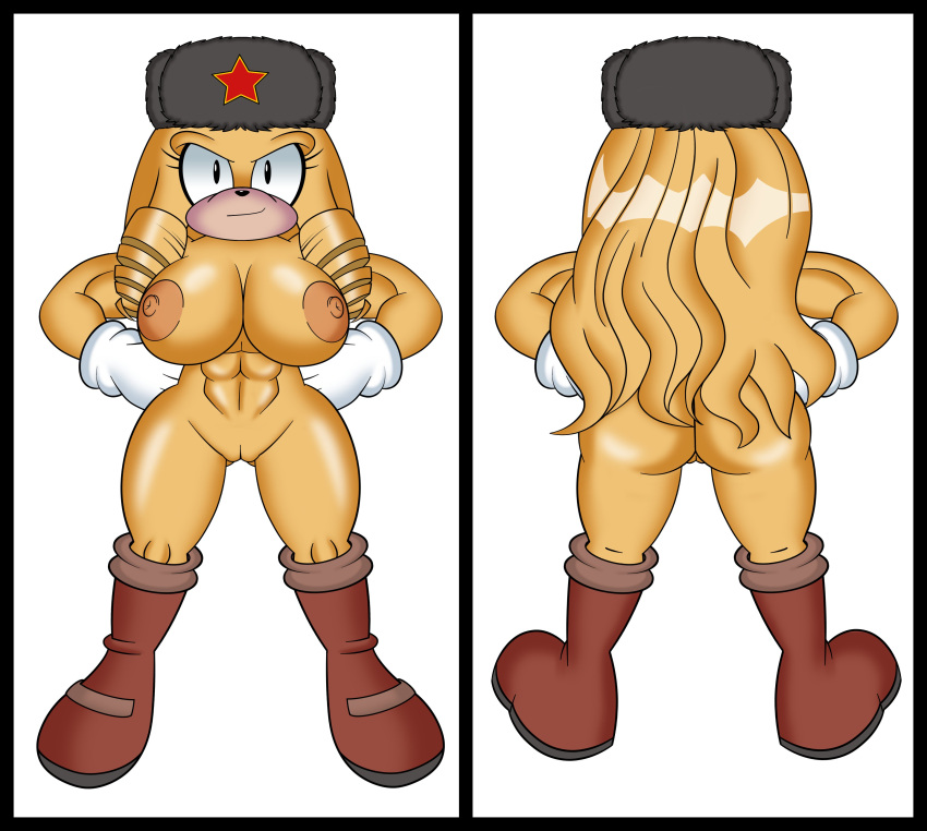 abs absurd_res alek_the_bear anthro blonde_hair boots boots_only clothing fan_character female footwear footwear_only fur gloves hair hair_drills handwear hi_res long_hair mammal mobian_monster mostly_nude muscular parka red_star russian solo sonic_(series) soviet_union ursid yellow_body yellow_fur