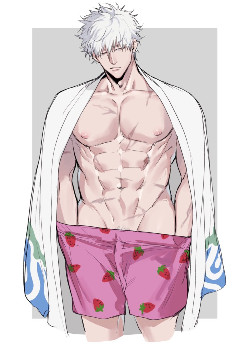 bare_chest big_pecs boxers gintama gintoki_sakata half-closed_eyes hands_in_pants kimono male male_only messy_hair muscular muscular_male open_kimono pale-skinned_male pale_skin pubic_hair_peek scars solo strawberry_print underwear white_hair