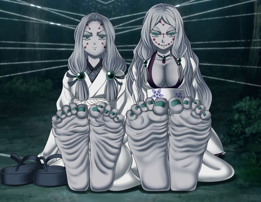 2girls demon_slayer feet feet_sticking_out feet_together female_only foot_fetish imminent_footjob jonathanbn kimetsu_no_yaiba mother_spider_demon older_sister_spider_demon white_skin