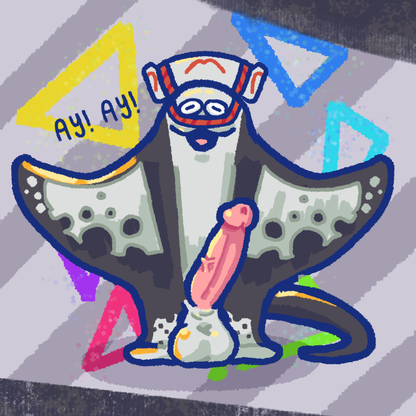 1:1 :3 abstract_background anthro balls batoid big_man_(splatoon) big_penis dialogue fish genitals grey_body hi_res humanoid_genitalia humanoid_penis long_penis male male_only manta_ray marine nude penis possum_milk smile solo speckled_body splatoon splatoon_(series) splatoon_3 standing text vein veiny_penis