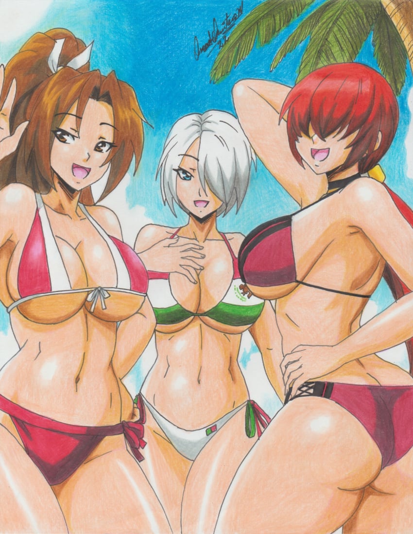 2022 3girls angel_(kof) ass ass_cleavage big_ass big_breasts bikini blue_eyes breasts brown_eyes brown_hair butt_crack cleavage commission dat_ass female_only flag_bikini flag_print hair_over_eyes happy king_of_fighters king_of_fighters_xv light-skinned_female light_skin looking_at_viewer mai_shiranui mexican_flag mexican_flag_bikini multicolored_bikini navel open_mouth pencil_(artwork) ponytail purple_bikini ravern_clouk red_bikini red_hair shermie_(kof) snk string_bikini swimsuit thick traditional_media_(artwork) white_hair