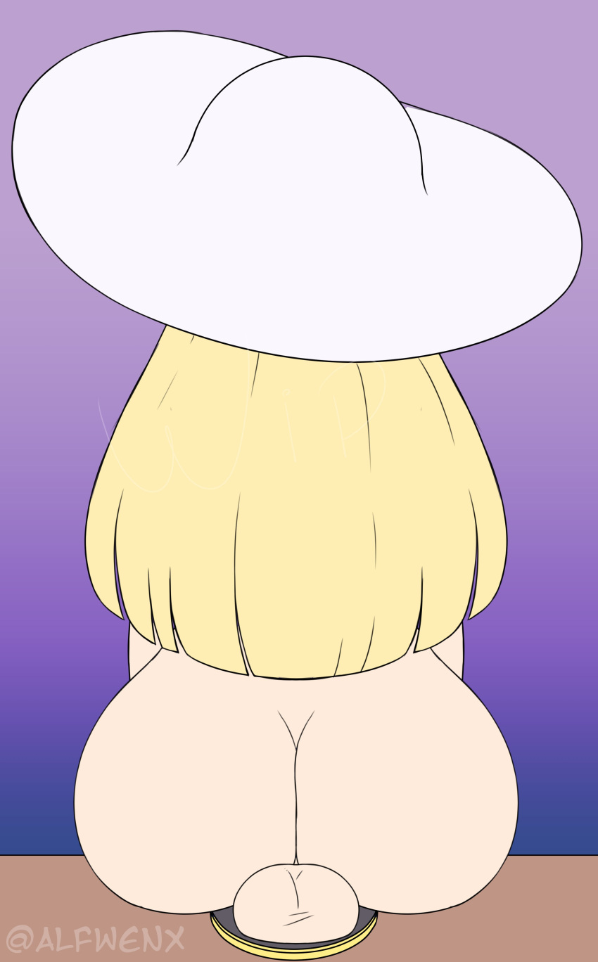 1futa alfwenx ass back back_view backsack balls big_ass big_balls big_testicles blonde_hair faceless faceless_character faceless_futanari flat_colors futa_only futanari game_freak gradient_background hat huge_ass huge_butt human light-skinned_futanari light_skin lillie_(pokemon) long_hair nintendo nude pokemon pokemon_(game) pokemon_sm sitting solo testicles unfinished