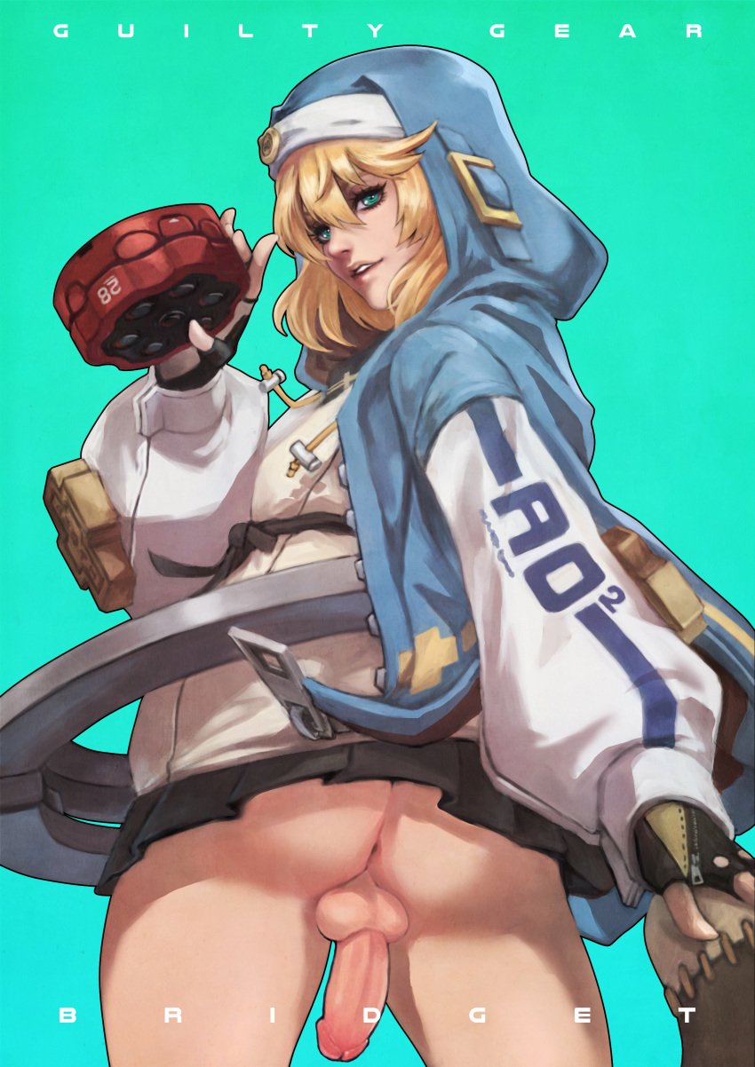 1boy aqua_eyes blonde_hair bridget casual clothing exposed_ass exposed_penis femboy from_behind girly guilty_gear handwear headwear hoodie human male male_only microskirt monorirogue nun's_habit otoko_no_ko outerwear pale_skin penis penis_under_skirt pleated_skirt solo weapon