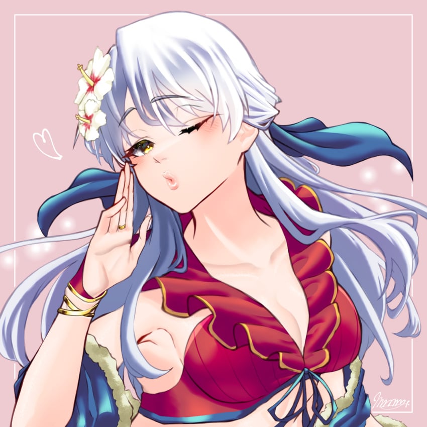 1girls alternate_costume alternate_version_available armpits bikini blowing_kiss breasts cleavage female female_only fire_emblem fire_emblem:_radiant_dawn fire_emblem_heroes flower grey_hair hair_flower heart long_hair looking_at_viewer marth-chan_(micaiah_mrmm) medium_hair micaiah_(fire_emblem) micaiah_(summer)_(fire_emblem) micaiah_mrmm nintendo official_alternate_costume one_eye_closed red_bikini red_swimsuit seductive sideboob silver_hair solo swimsuit upper_body wink yellow_eyes