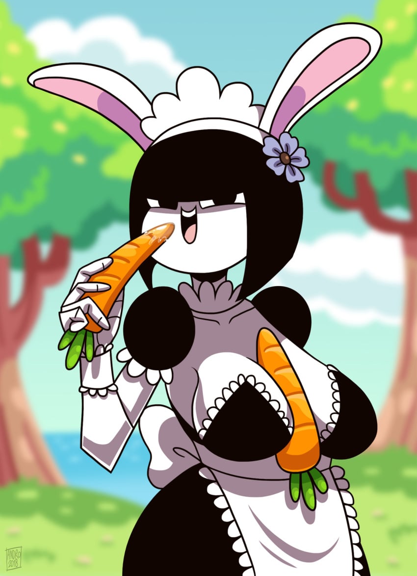 1girls 2018 androjuniarto carrot carrot_paizuri easter female maidbot_(androjuniarto) object_between_breasts original_character rabbit_ears robot_girl solo