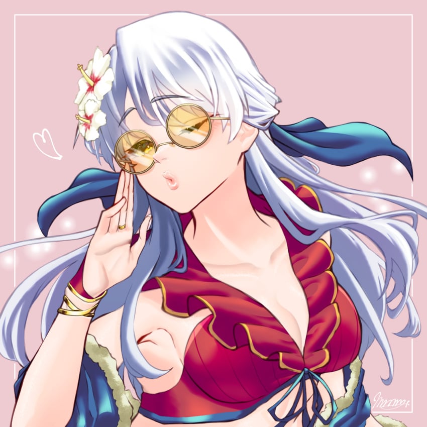 1girls adjusting_eyewear adjusting_glasses adjusting_sunglasses alternate_costume alternate_version_available armpits bikini blowing_kiss breasts cleavage female female_only fire_emblem fire_emblem:_radiant_dawn fire_emblem_heroes flower grey_hair hair_flower heart long_hair looking_at_viewer marth-chan_(micaiah_mrmm) medium_hair micaiah_(fire_emblem) micaiah_(summer)_(fire_emblem) micaiah_mrmm nintendo official_alternate_costume one_eye_closed red_bikini red_swimsuit seductive sideboob silver_hair solo sunglasses swimsuit tinted_eyewear upper_body wink yellow-tinted_eyewear yellow_eyes