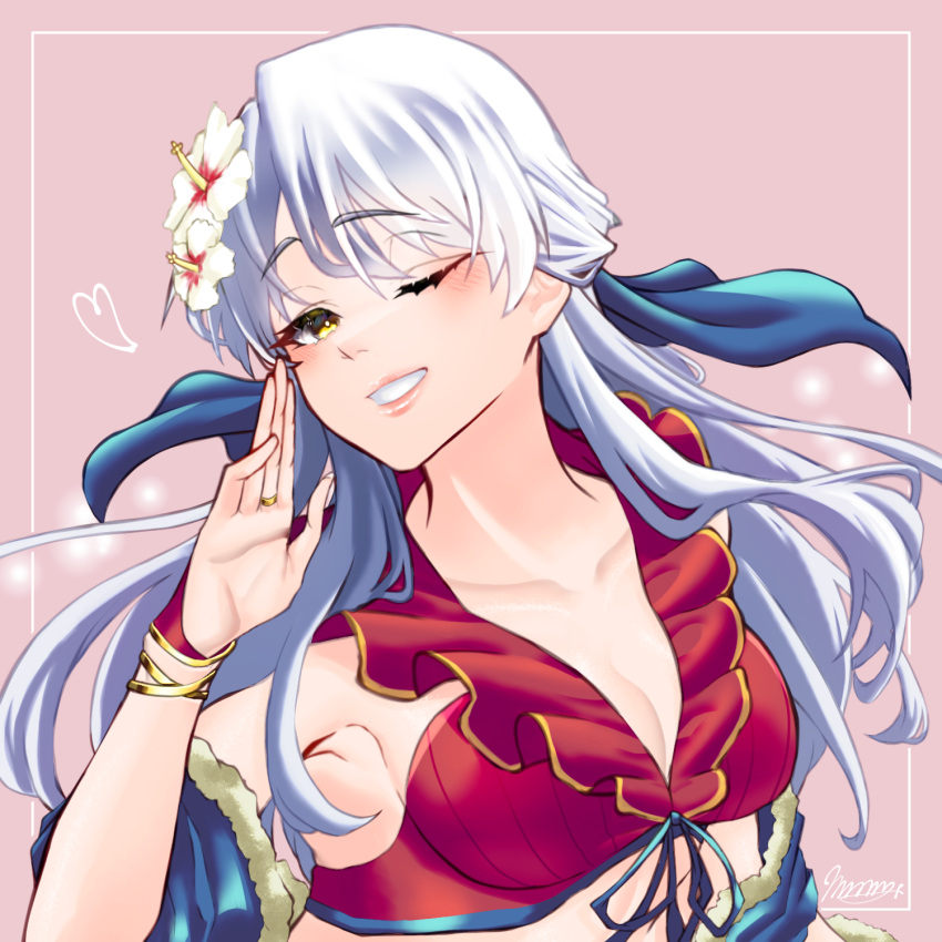 1girls alternate_costume alternate_version_available armpits bikini blowing_kiss breasts cleavage female female_only fire_emblem fire_emblem:_radiant_dawn fire_emblem_heroes flower grey_hair grin hair_flower heart long_hair looking_at_viewer marth-chan_(micaiah_mrmm) medium_hair micaiah_(fire_emblem) micaiah_(summer)_(fire_emblem) micaiah_mrmm nintendo official_alternate_costume one_eye_closed red_bikini red_swimsuit seductive sideboob silver_hair smile solo swimsuit upper_body wink yellow_eyes