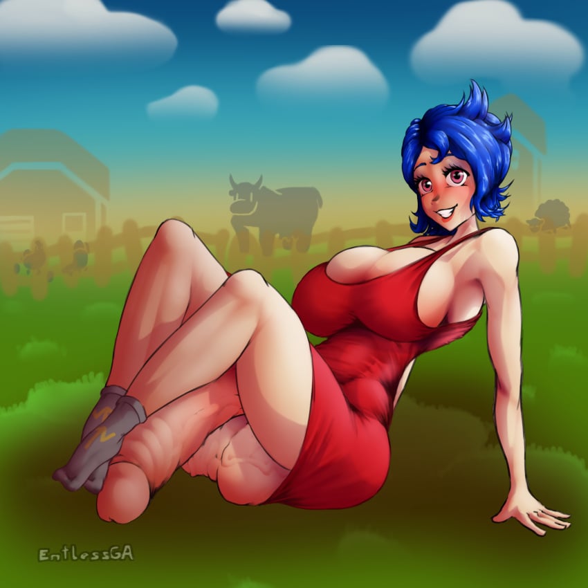 1futa autofootjob balls big_breasts blue_hair bottomless bovine breasts bursting_breasts clothed clothing emily_(stardew_valley) entlessga erection farm farmgirl futa_only futanari huge_breasts huge_cock huge_penis huge_testicles human large_breasts light-skinned_futanari light_skin looking_at_viewer mostly_clothed penis short_hair solo stardew_valley thick_thighs tight_clothing veiny_penis veiny_testicles