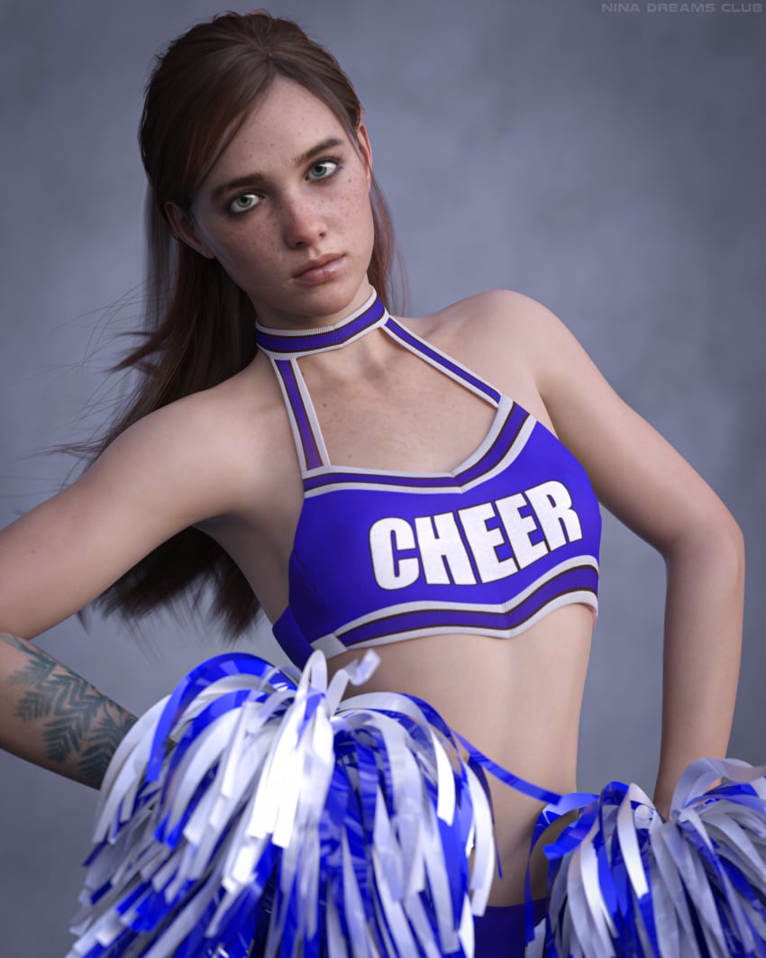 1girls 3d auburn_hair blue_eyes brown_hair cheerleader cheerleader_uniform ellie_(the_last_of_us) ellie_williams eyebrow_slits female female_only freckles green_eyes lesbian naughty_dog nina3dx pale-skinned_female petite ponytail realistic seductive_eyes seductive_look skinny solo tagme tattoo the_last_of_us the_last_of_us_2