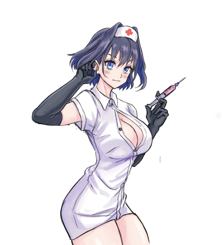 1girls big_breasts blue_eyes boob_window breasts drumoriz female female_focus female_only gloves hololive hololive_english hololive_english_-council- hololive_english_-promise- long_gloves nurse nurse_cap nurse_uniform ouro_kronii short_hair simple_background smile syringe thick_thighs virtual_youtuber white_background