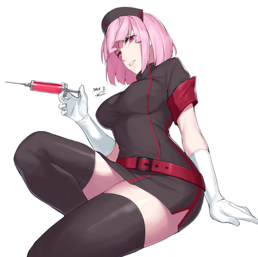 angry dasdokter english_text gloves hololive hololive_english hololive_myth legwear long_gloves mori_calliope nurse nurse_uniform red_eyes short_hair simple_background sleeves_rolled_up syringe text thick_thighs thighhighs virtual_youtuber white_background