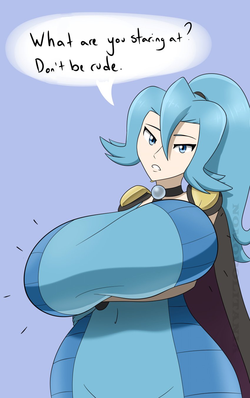 1girls big_breasts blue_eyes blue_hair boots breasts_bigger_than_head cape clair_(pokemon) earrings english_text enormous_breasts female huge_breasts long_hair looking_at_viewer nomopolitainia pokemon pokemon_gsc ponytail signature simple_background tagme talking talking_to_viewer text thick_thighs venus_body watermark wide_hips