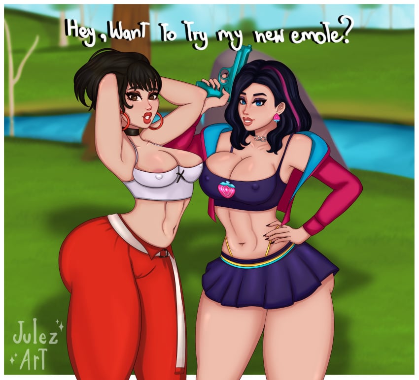 2girls ass belt big_ass big_breasts big_butt black_hair breasts evie_(fortnite) female fortnite hoop_earrings hoop_earrings_oversized julezart lipstick multiple_girls panties_visible red_pants rox_(fortnite) short_hair standing thong_straps