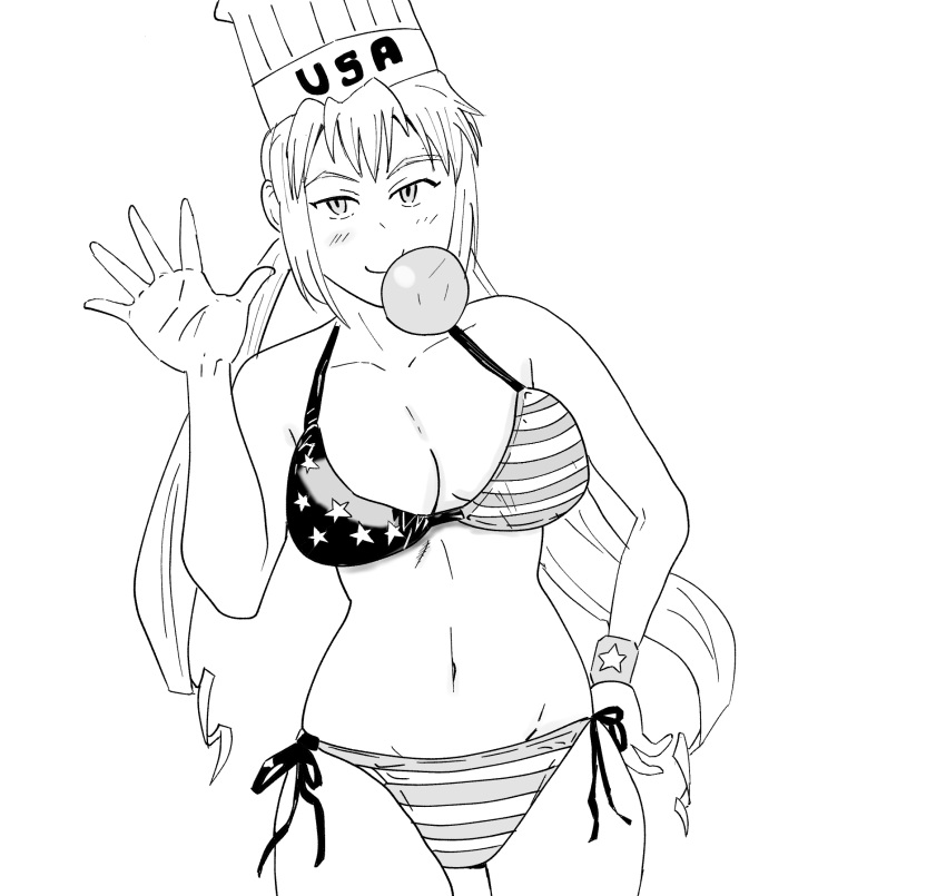 1girls american_flag_bikini big_breasts bikini breasts busty chewing_gum cleavage female female_only flag_print green_eyes hand_on_hip highres large_breasts looking_at_viewer low_twintails monica_adenauer monochrome navel pose smile solo swimsuit twintails yakitate!!_japan