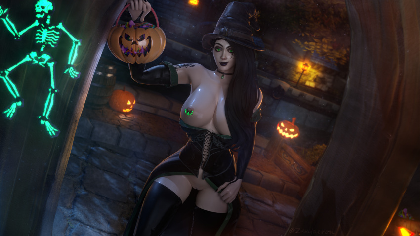 1girls 3d athletic_female big_breasts black_hair blizzard_entertainment candy dress female female_only green_eyes halloween halloween_costume human human_(warcraft) human_(world_of_warcraft) jack-o'-lantern large_breasts long_hair looking_at_viewer nipple_piercing original_character piercing pumpkin tattoo trick_or_treat warlock warlock_(warcraft) witch_costume world_of_warcraft zentaeron zentaria_blackwood