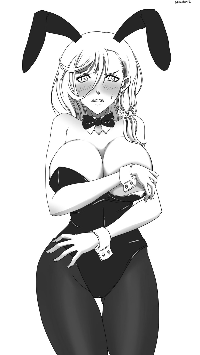 1girls artist_name big_breasts black_and_white blonde_hair blush breasts bunny_ears bunny_girl bunnysuit cleavage clothed clothing commission curvy embarrassed female_focus female_only kuzuryuu_hanako long_hair looking_at_viewer monochrome revealing_clothes simple_background solo superbaltanv2 twitter_username watermark white_background wide_hips yankee_jk_kuzuhana_chan