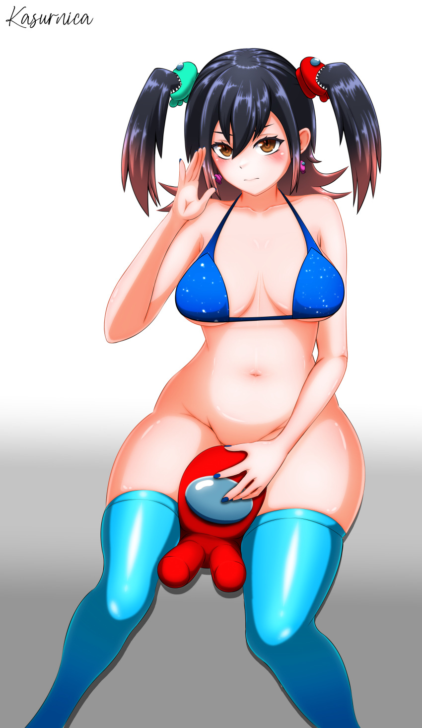 1girls among_us among_us_red among_us_reference big_breasts bra kasurnica long_hair looking_at_viewer plushie sus sussy sussy_baka tagme thick_thighs thigh_squish thighhighs