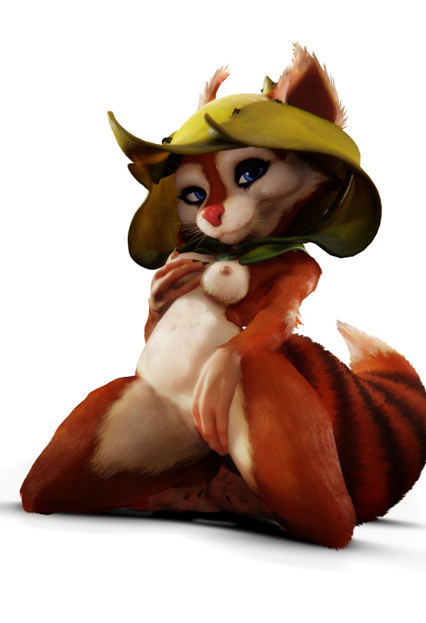 3d 4_fingers anthro breasts cowl dota dota_2 female fingers fur genitals hi_res hood hoodwink_(dota) mammal nipples pose red_body red_fur rodent sciurid sitting smile solo tail_tuft tree_squirrel tuft video_games white_body