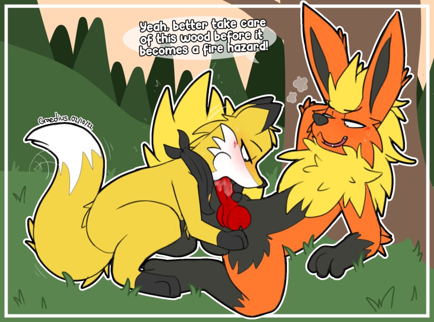 belly black_belly black_paws blush breath canadian_forest_service canid canine duo eeveelution ember_the_firesmart_fox female feral firesmart_canada flareon fox fyre generation_1_pokemon genitals graedius_(artist) hi_res male male/female mammal nintendo oral outside panting penis pokemon pokemon_(species) scarf speech_bubble video_games