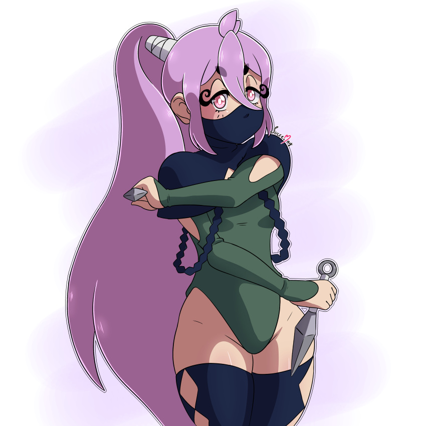 covered_mouth kunoichi leotard meep ninja patreon patreon_exclusive patreon_leak patreon_reward patreon_url pink_eyes ponytail purple_hair sucremay thick thick_thighs thighhighs thighs tsundere