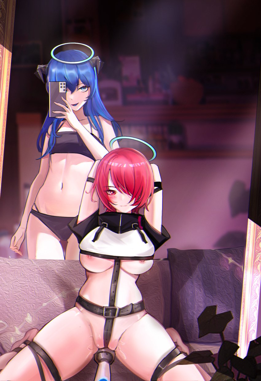 adapted_costume areola_slip arknights arms_behind_head ass_visible_through_thighs black_bra black_panties blue_eyes blue_hair blue_tongue blush bondage bondage bound bra breasts cellphone colored_tongue couch demon_horns exusiai_(arknights) facstxsb female female_masturbation hair_over_one_eye halo highres hitachi_magic_wand holding holding_phone horns large_breasts long_hair looking_at_viewer masturbation mostima_(arknights) navel one_eye_covered panties partially_visible_vulva phone pussy_juice red_eyes red_hair revealing_clothes selfie sex_toy short_hair small_breasts smartphone thigh_gap underwear vibrator yuri