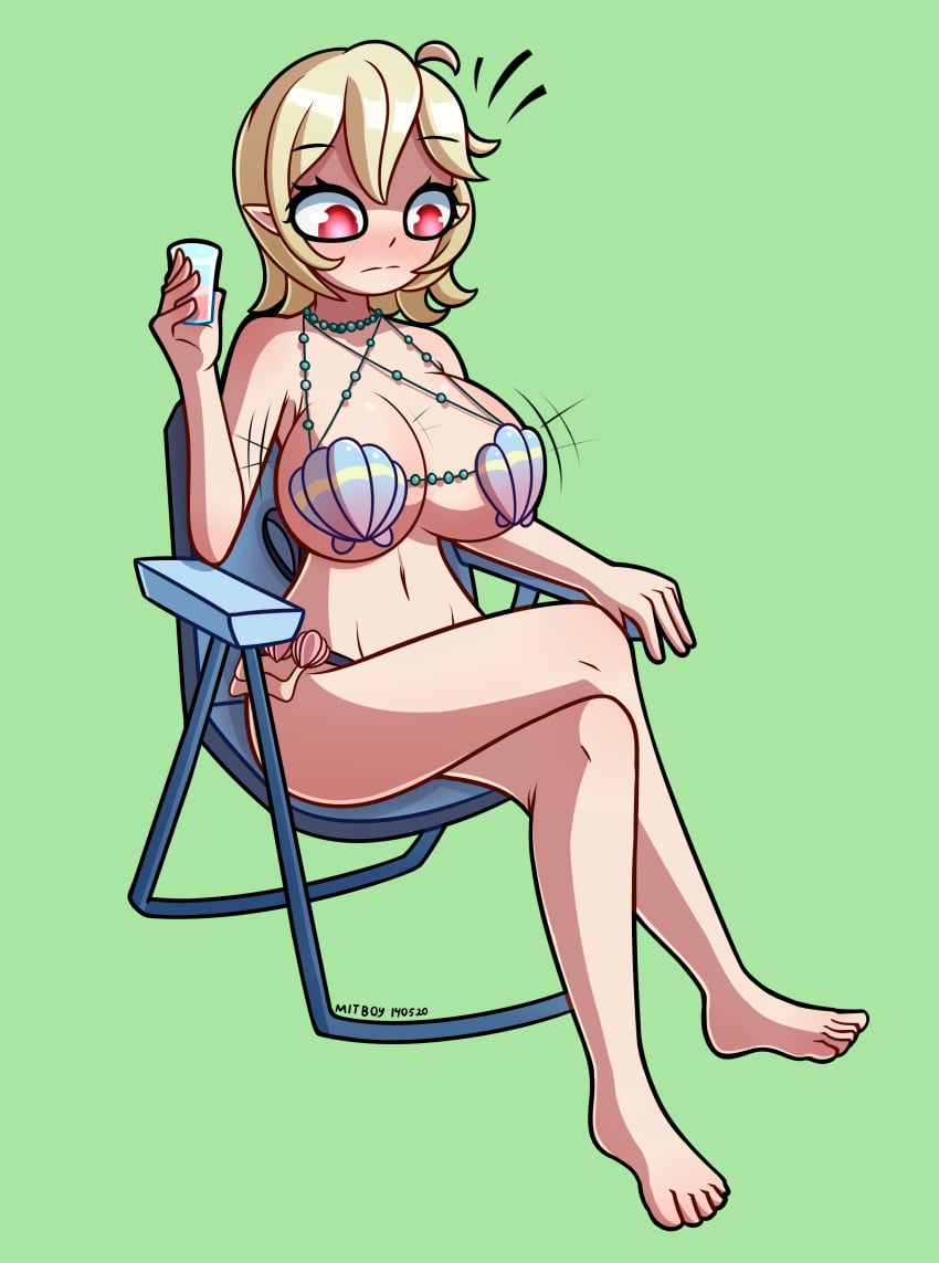 1girls absurd_res beads big_breasts bikini blonde_hair blush breasts crossed_legs enormous_breasts holding_object hourglass_figure huge_breasts looking_at_breasts mitboy pointy_ears red_eyes seashell_bra sitting tagme