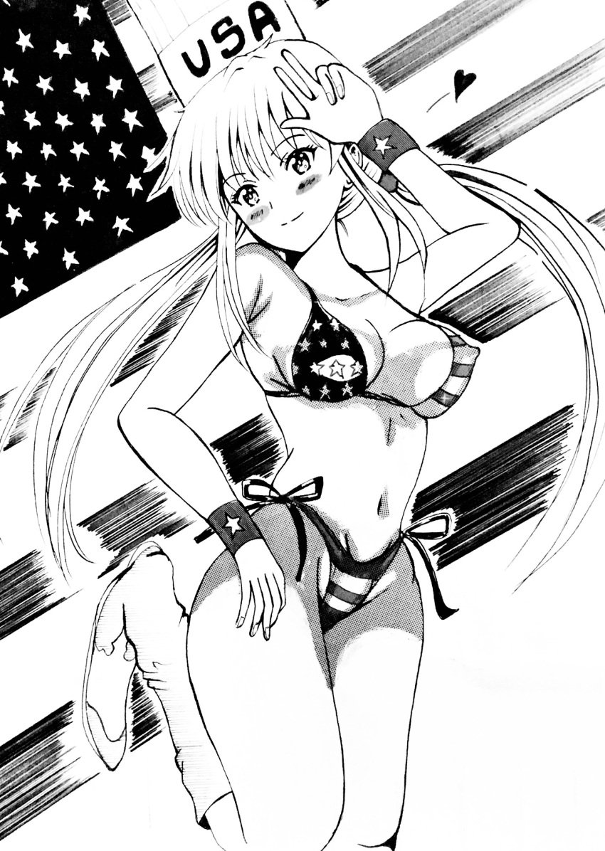 1girls american_flag american_flag_bikini big_breasts bikini breasts busty cleavage female female_only flag_print heart highres large_breasts legs looking_at_viewer low_twintails monica_adenauer monochrome navel pose smile solo swimsuit thighs twintails v yakitate!!_japan