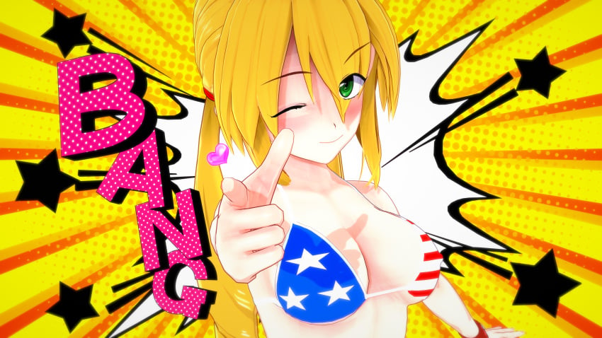 1girls 3d american_flag_bikini big_breasts bikini blonde_hair breasts busty cleavage female female_only flag_print green_eyes heart highres large_breasts looking_at_viewer low_twintails monica_adenauer one_eye_closed pointing smile solo swimsuit twintails wink yakitate!!_japan