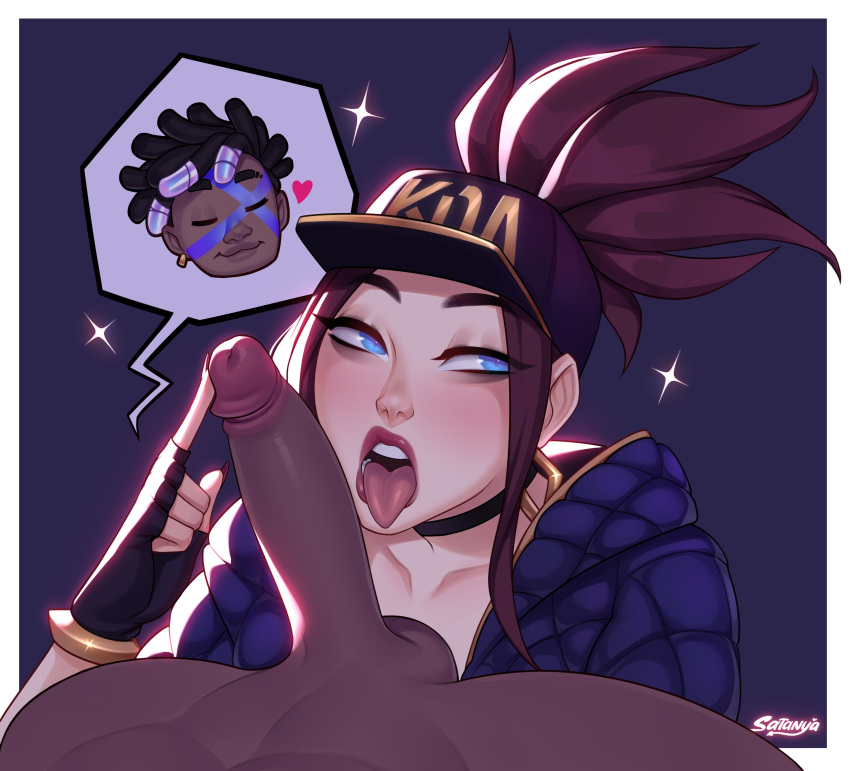 1boy 1girls akali blue_eyes blush brown_hair clothed dark-skinned_male ekko fingerless_gloves hat heart interracial k/da_akali k/da_series league_of_legends looking_away open_mouth ponytail satanya tongue_out touching_penis true_damage_ekko true_damage_series