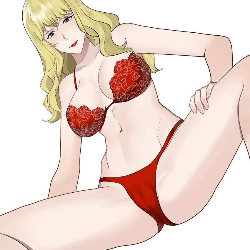 amber_jin bangs blonde_hair blue_eyes bra breasts cowboy_bebop curls curly_hair female julia_(cowboy_bebop) lingerie nipples panties pussy pussy_outline squatting transparent_background