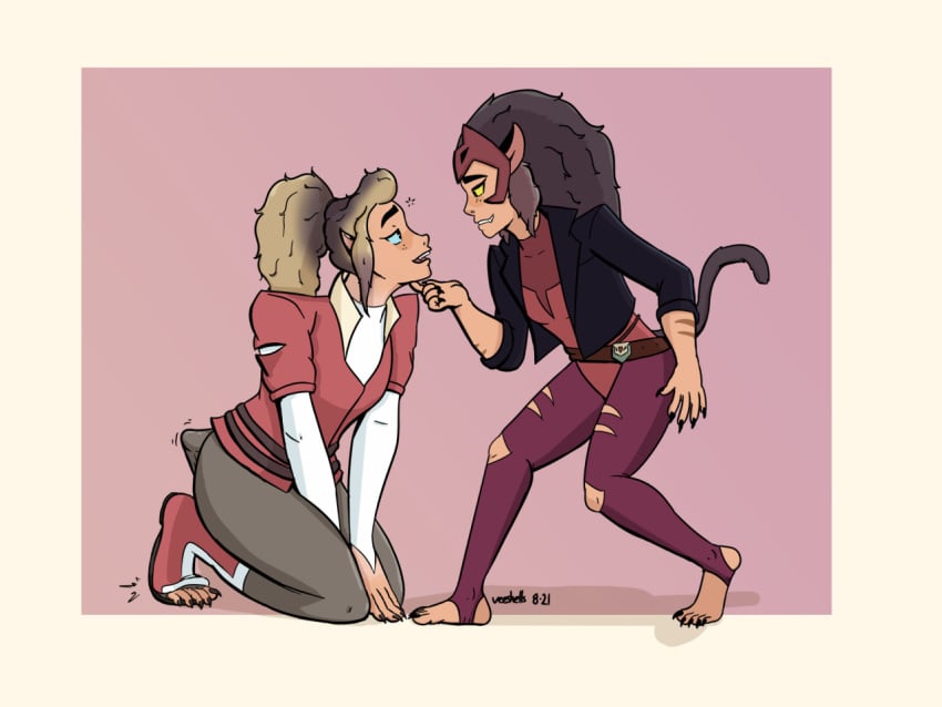 2020s 2021 2girls adora adstn animal_transformation anthrofied black_jacket blonde_female blonde_hair blue_eyes bodysuit brown_hair brown_tail canon_couple cat_ears cat_tail catgirl catra claws duo fangs female female_focus female_only freckles grey_pants hand_on_chin holding_chin jacket kneeling light-skinned_female light_skin long_hair looking_at_each_other looking_down looking_up merging mid_transformation pants pink_background red_bodysuit red_jacket she-ra_and_the_princesses_of_power shirt simple_background smile smirk stirrup_socks tail transformation twinning white_background white_shirt yellow_eyes yuri