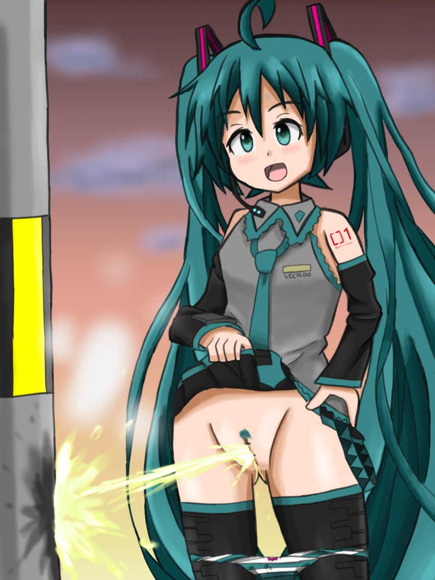 boots hatsune_miku needs_tags panties panties_around_leg panties_down peeing peeing_on_object pole pubic_hair pussy pussy_juice skirt_up tagme toro_r18 urination urine urine_stream vocaloid