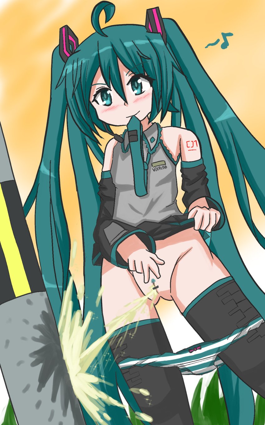 boots hatsune_miku needs_tags panties panties_around_leg panties_down peeing peeing_on_object pole pubic_hair pussy pussy_juice skirt_up tagme toro_r18 urination urine urine_stream vocaloid