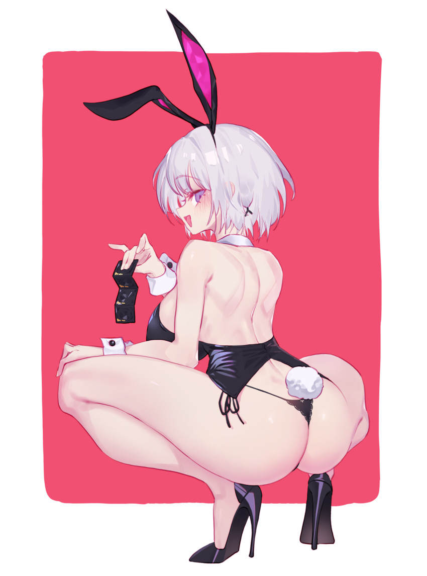 animal_ears ass backless_leotard black_leotard breasts bunny_ears bunnysuit condom condom_wrapper eonsang fake_animal_ears fake_tail female from_behind girls'_frontline high_heels highres holding holding_condom large_breasts leotard panties playboy_bunny purple_eyes rabbit_ears rabbit_tail rpk-16_(girls'_frontline) short_hair side-tie_panties simple_background squatting strapless strapless_leotard string_panties tail underwear white_hair wrist_cuffs